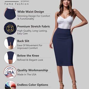 Premium Nylon Ponte Stretch High Waist Pencil Suit Skirt Below Knee